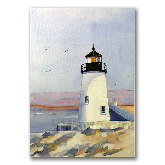 Kathleen Horst watercolor, "Pemaquid Light in the Snow"