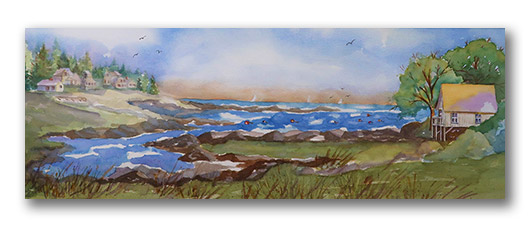 Kathleen Horst watercolor, "Long Cove from the Chamberlain Post Office"
