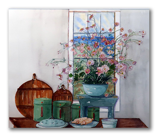 Kathleen Horst watercolor, "Wildflowers in the Vintage Shop"