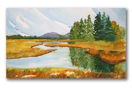 Kathleen Horst watercolor, "Acadia, the Golden Hour"
