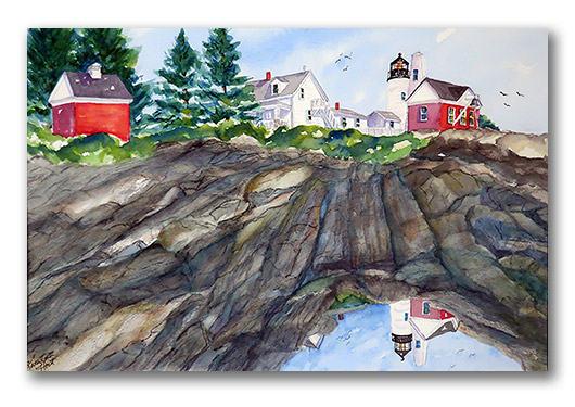 Kathleen Horst watercolor, "Reflections at Pemaquid Point"